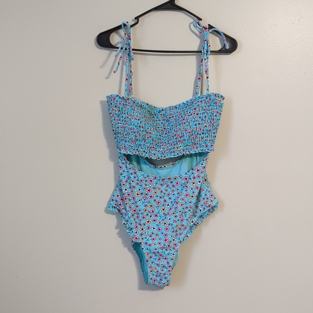 Arizona Jean Company XL Smocked Cutout One Piece Swimsuit Teal